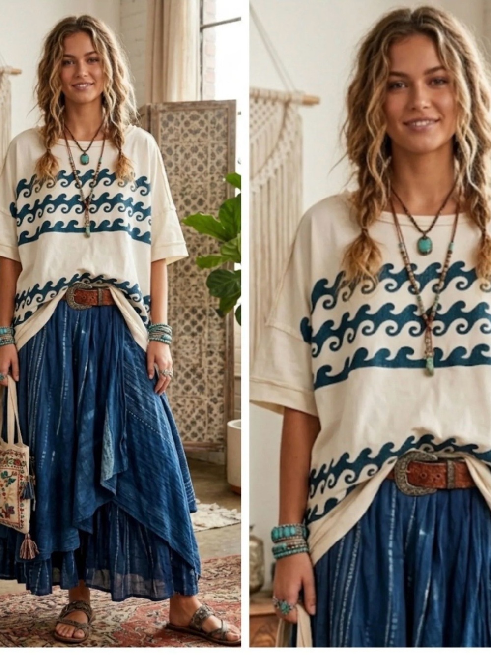 Bluevelvet Boho Embroidered Wave Print Short Sleeve Tee - Cream & Blue size S/M